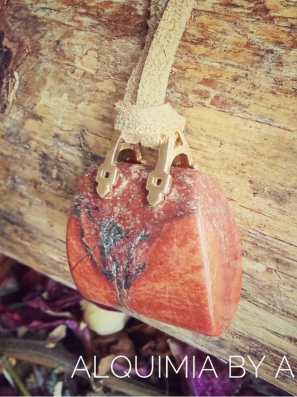 Carved Handbag + Red Mountain Jasper Long brown suede necklace
